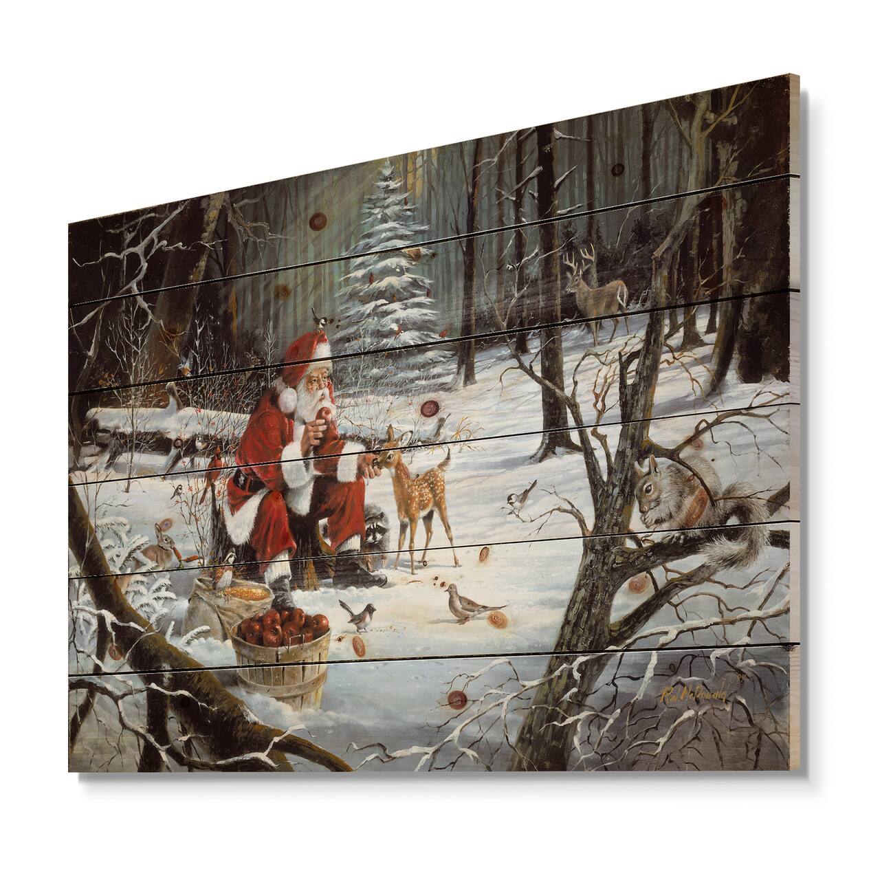 Designart - Santa Claus with deer in snowy woods - Print on Natural Pine Wood